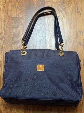MCM DARK BLUE NYLON VISETOS CHAIN TOTE